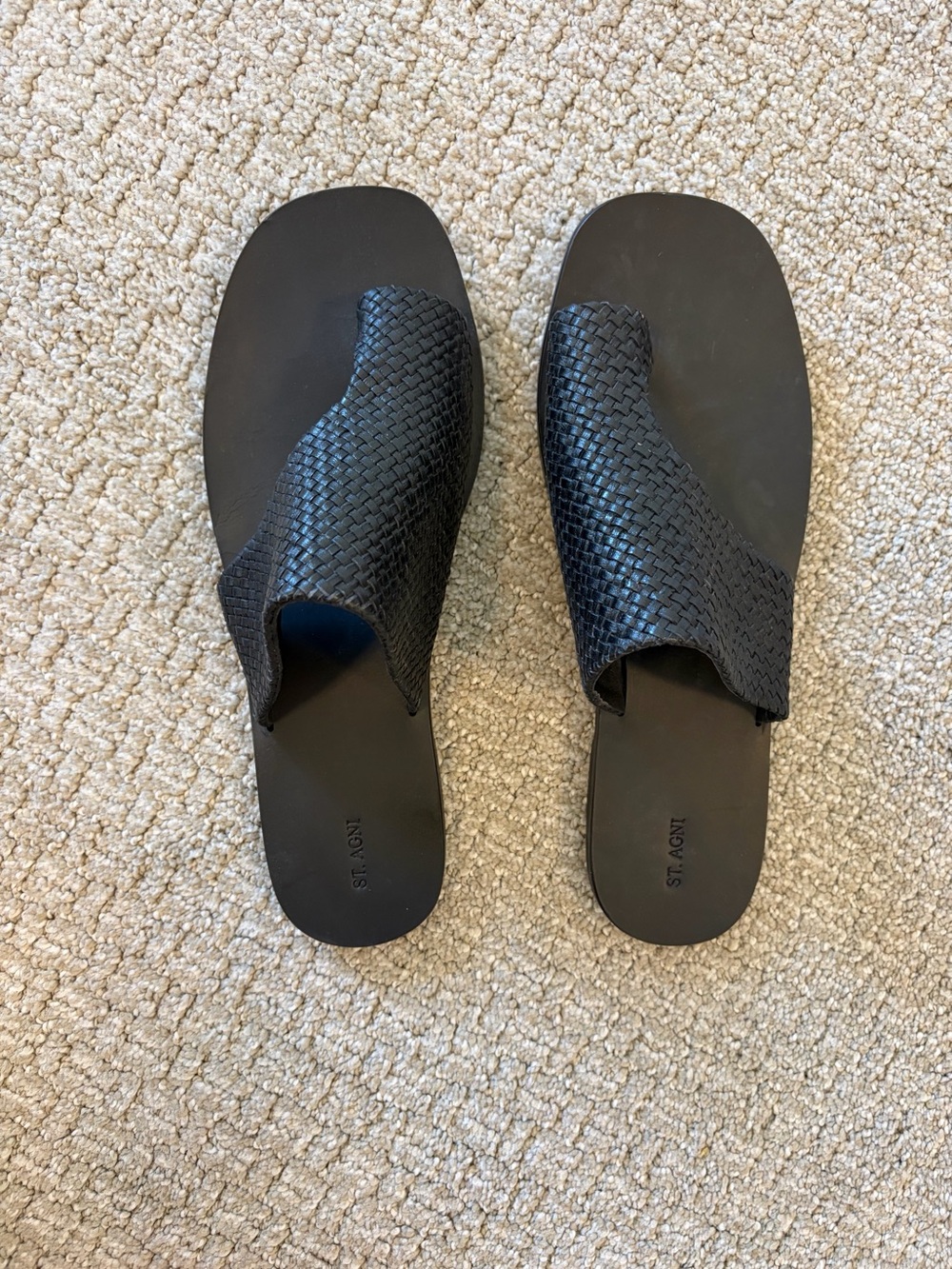St. Agni Black Woven Leather Slide Sandals